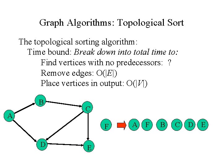 Graph Algorithms: Topological Sort The topological sorting algorithm: Time bound: Break down into total Graph Algorithms: Topological Sort The topological sorting algorithm: Time bound: Break down into total