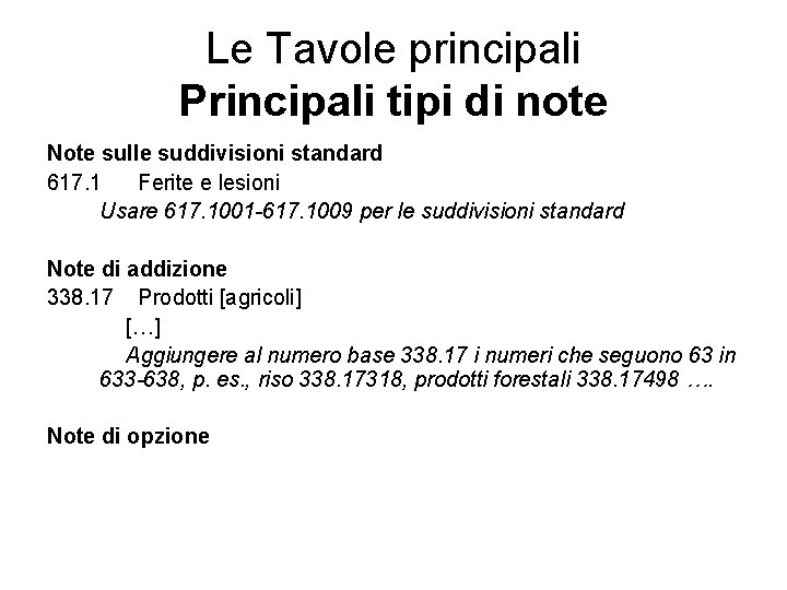 Le Tavole principali Principali tipi di note Note sulle suddivisioni standard 617. 1 Ferite