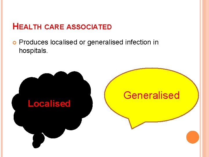 HEALTH CARE ASSOCIATED Produces localised or generalised infection in hospitals. Localised Generalised 