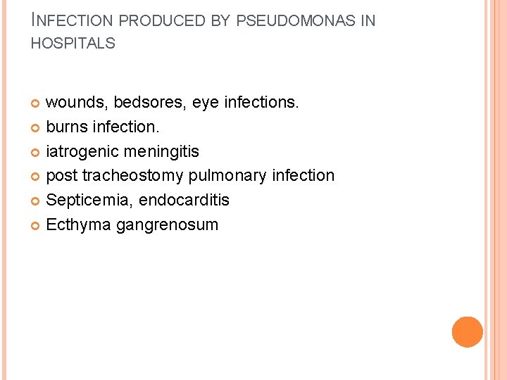 INFECTION PRODUCED BY PSEUDOMONAS IN HOSPITALS wounds, bedsores, eye infections. burns infection. iatrogenic meningitis