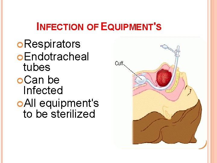 INFECTION OF EQUIPMENT'S Respirators Endotracheal tubes Can be Infected All equipment's to be sterilized