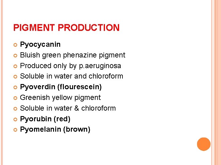 PIGMENT PRODUCTION Pyocycanin Bluish green phenazine pigment Produced only by p. aeruginosa Soluble in