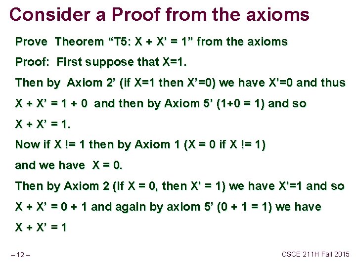 Consider a Proof from the axioms Prove Theorem “T 5: X + X’ =