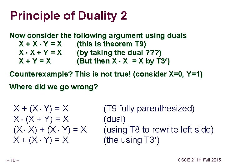 Principle of Duality 2 Now consider the following argument using duals X+X×Y=X (this is