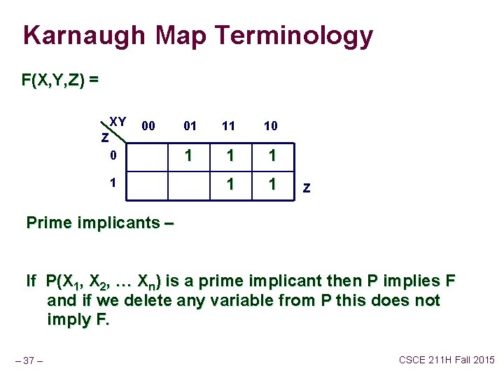Karnaugh Map Terminology F(X, Y, Z) = XY Z 00 0 1 01 11