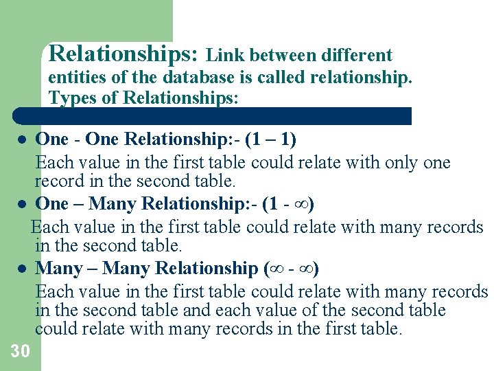 Relationships: Link between different entities of the database is called relationship. Types of Relationships: Relationships: Link between different entities of the database is called relationship. Types of Relationships: