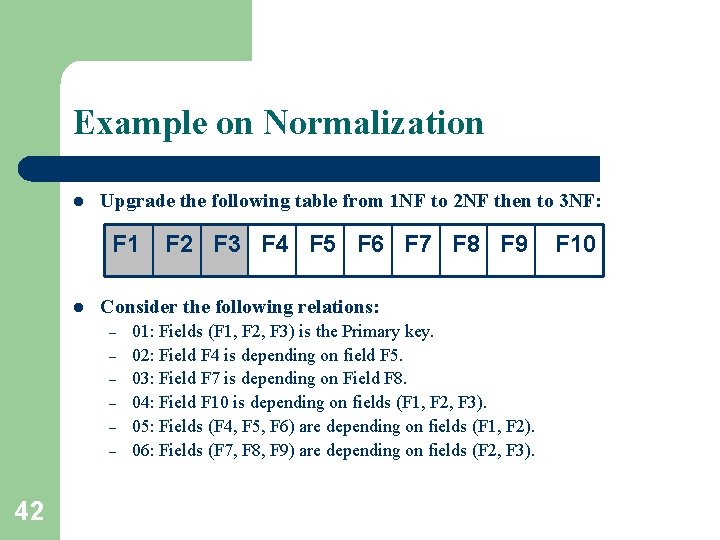 Example on Normalization l Upgrade the following table from 1 NF to 2 NF Example on Normalization l Upgrade the following table from 1 NF to 2 NF