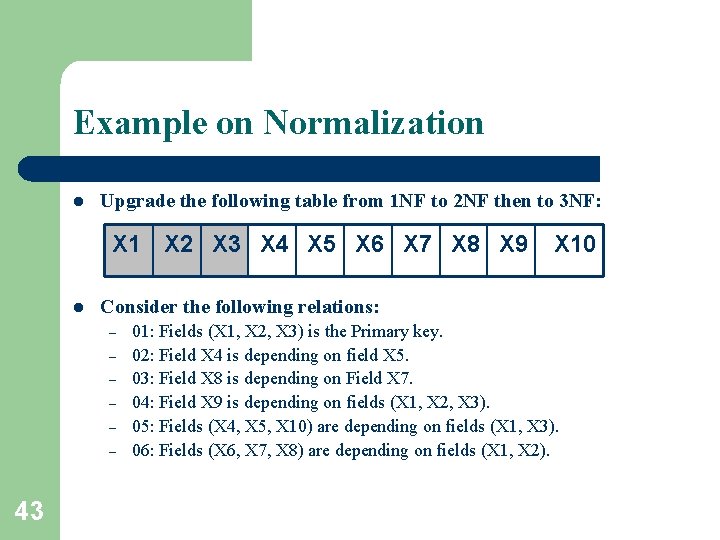 Example on Normalization l Upgrade the following table from 1 NF to 2 NF Example on Normalization l Upgrade the following table from 1 NF to 2 NF
