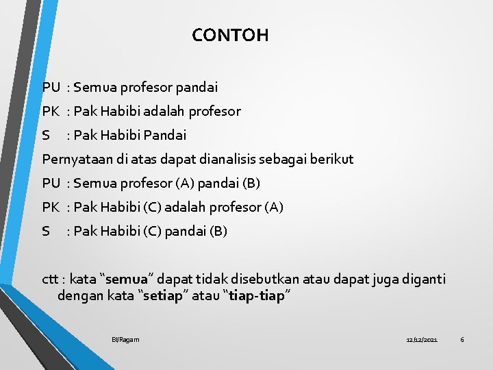 CONTOH PU : Semua profesor pandai PK : Pak Habibi adalah profesor S :