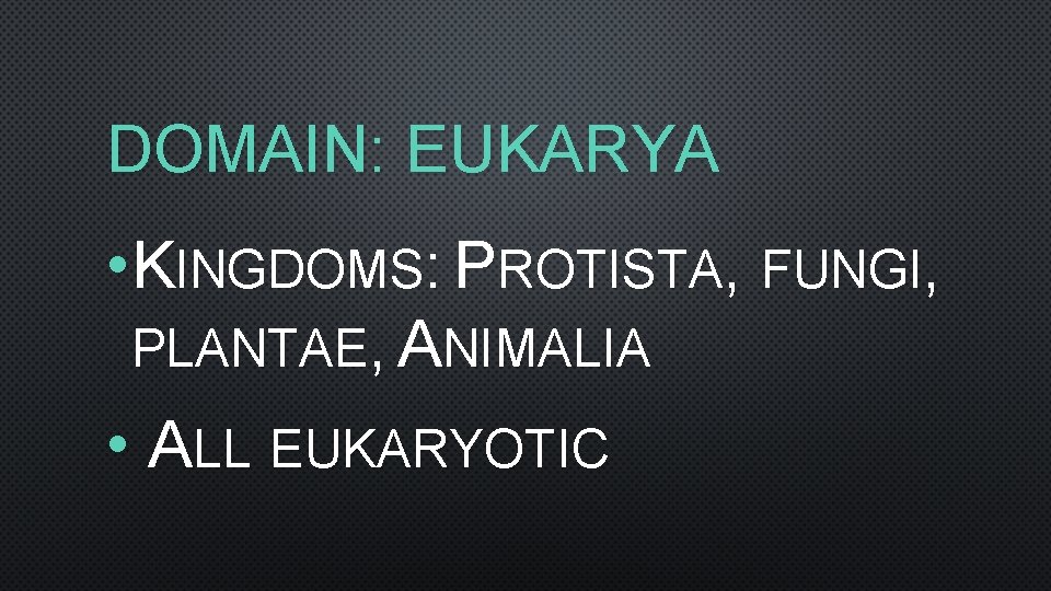 DOMAIN: EUKARYA • KINGDOMS: PROTISTA, FUNGI, PLANTAE, ANIMALIA • ALL EUKARYOTIC 