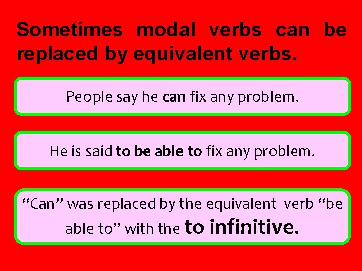 Sometimes modal verbs can be replaced by equivalent verbs. People say he can fix