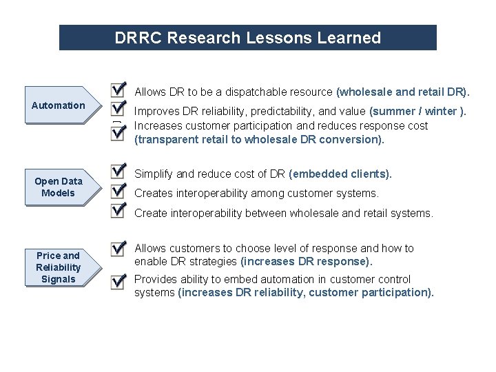 DRRC Research Lessons Learned Automation Open Data Models Price and Reliability Signals q Allows