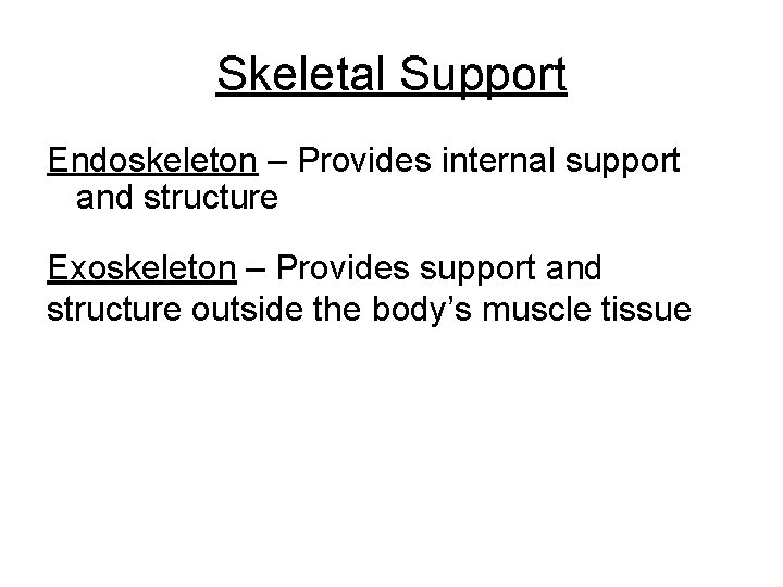 Skeletal Support Endoskeleton – Provides internal support and structure Exoskeleton – Provides support and