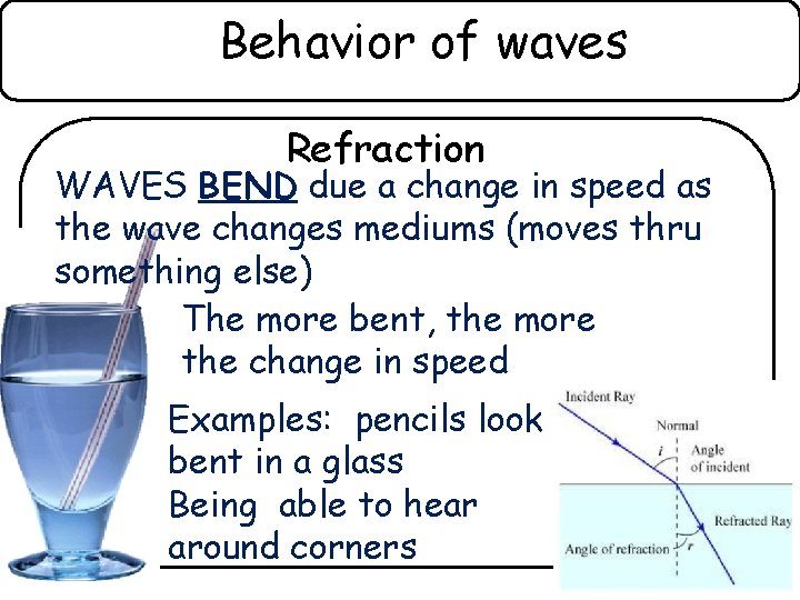 Behavior of waves Refraction WAVES BEND due a change in speed as the wave