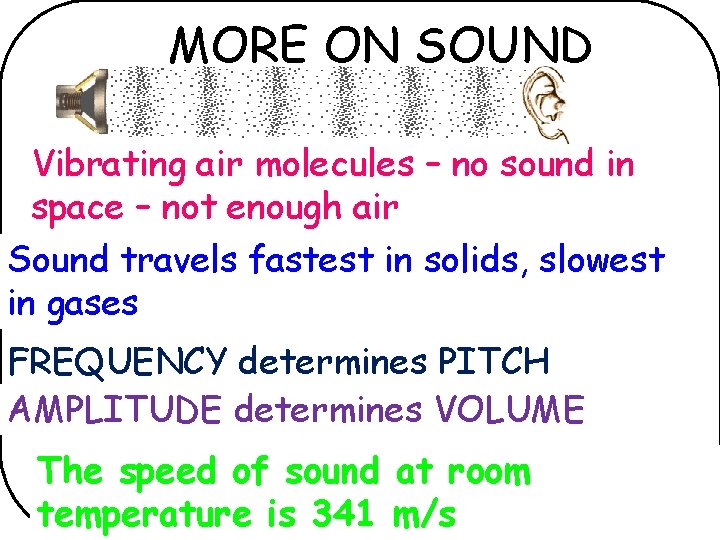 MORE ON SOUND Vibrating air molecules – no sound in space – not enough