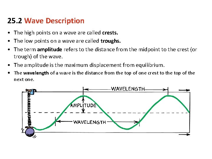 25. 2 Wave Description • The high points on a wave are called crests.