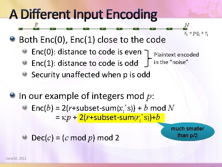 A Different Input Encoding p N xi = pqi + ri Both Enc(0), Enc(1)