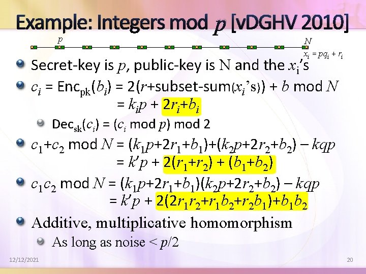Example: Integers mod p [v. DGHV 2010] p N xi = pqi + ri