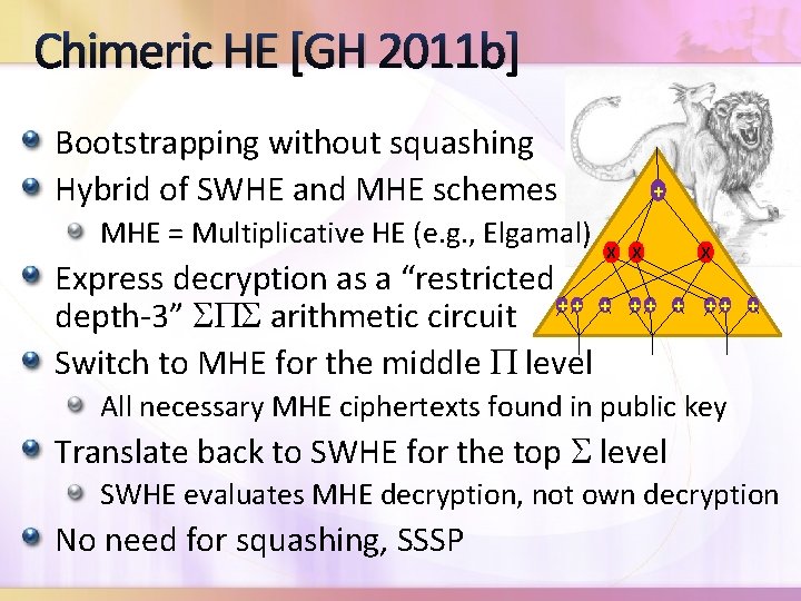 Chimeric HE [GH 2011 b] Bootstrapping without squashing Hybrid of SWHE and MHE schemes