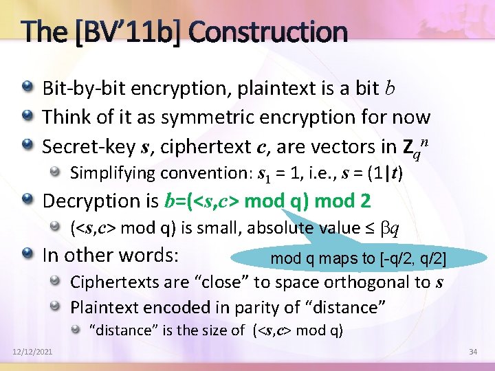 The [BV’ 11 b] Construction Bit-by-bit encryption, plaintext is a bit b Think of