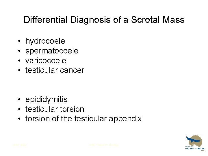 Differential Diagnosis of a Scrotal Mass • • hydrocoele spermatocoele varicocoele testicular cancer •
