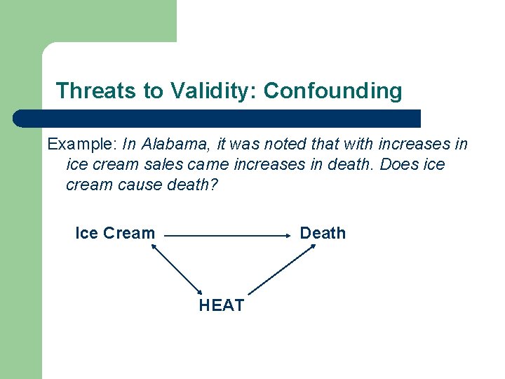 Threats to Validity: Confounding Example: In Alabama, it was noted that with increases in