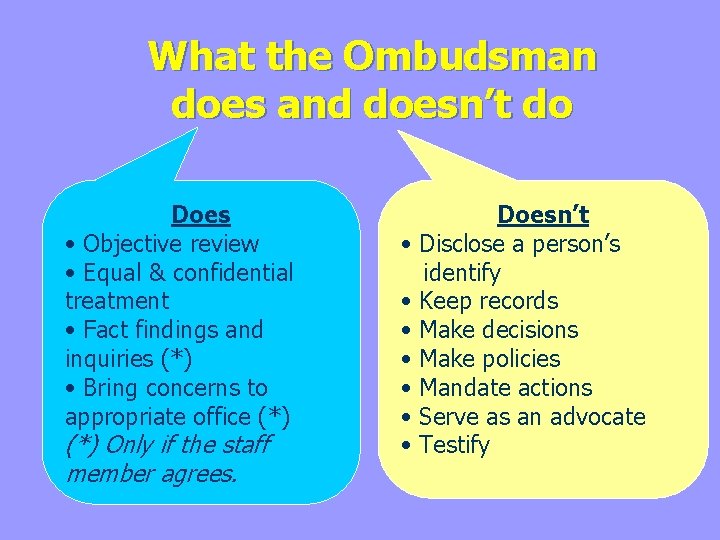 What the Ombudsman does and doesn’t do Does • Objective review • Equal &