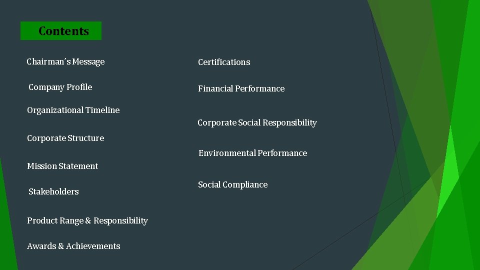 Contents Chairman’s Message Certifications Company Profile Financial Performance Organizational Timeline Corporate Social Responsibility Corporate