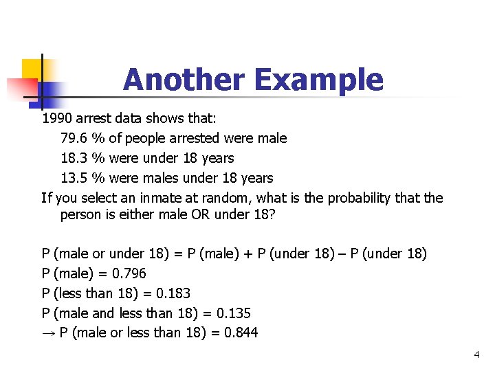 Another Example 1990 arrest data shows that: 79. 6 % of people arrested were