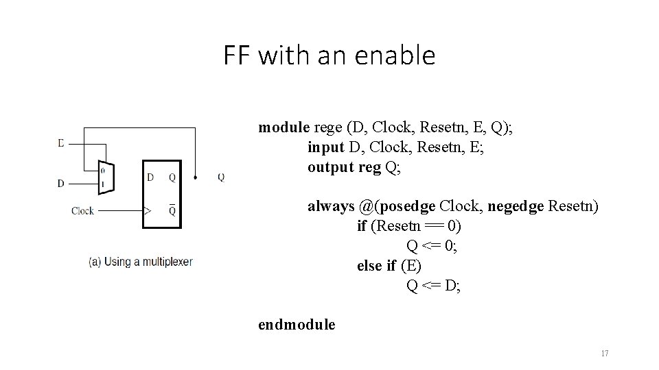 FF with an enable module rege (D, Clock, Resetn, E, Q); input D, Clock, FF with an enable module rege (D, Clock, Resetn, E, Q); input D, Clock,
