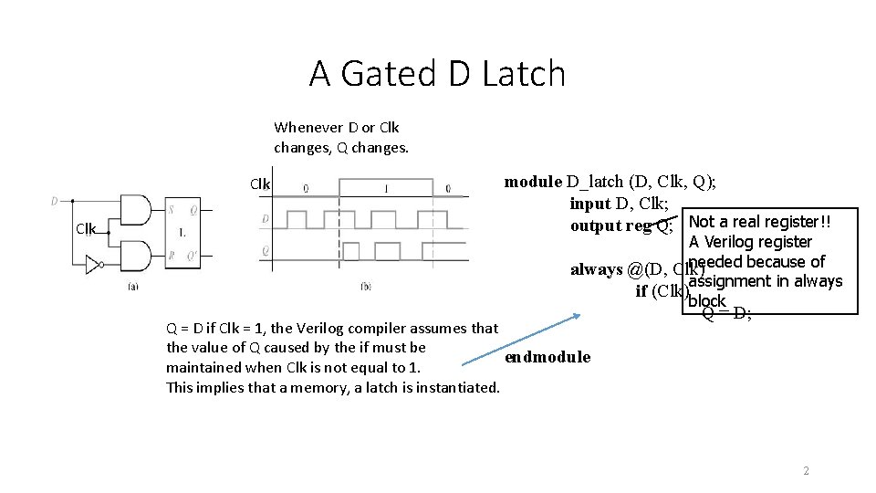 A Gated D Latch Whenever D or Clk changes, Q changes. Clk module D_latch A Gated D Latch Whenever D or Clk changes, Q changes. Clk module D_latch