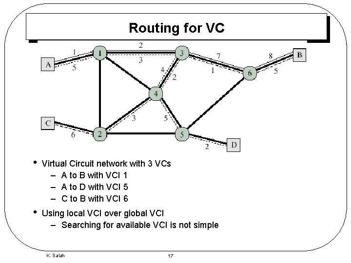 Routing for VC • Virtual Circuit network with 3 VCs – A to B