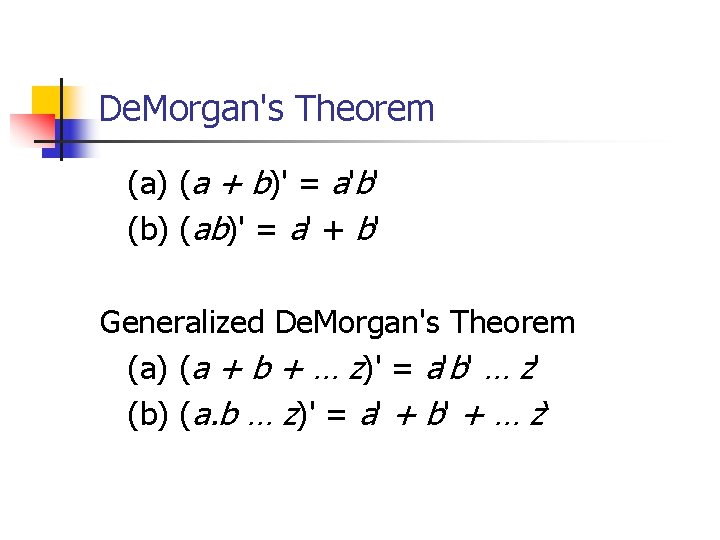 De. Morgan's Theorem (a) (a + b)' = a'b' (b) (ab)' = a' +