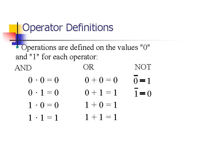 Operator Definitions § Operations are defined on the values "0" and "1" for each