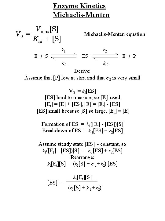 Enzyme Kinetics Michaelis-Menten equation k 2 k 1 E + S ES E +
