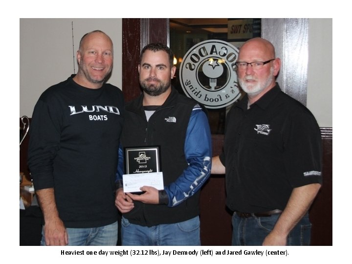 Heaviest one day weight (32. 12 lbs), Jay Dermody (left) and Jared Gawley (center). Heaviest one day weight (32. 12 lbs), Jay Dermody (left) and Jared Gawley (center).