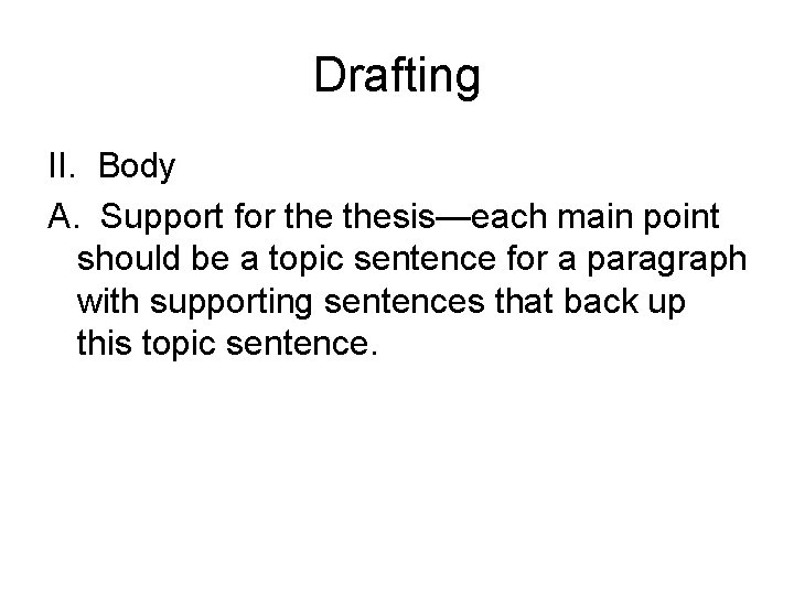 Drafting II. Body A. Support for thesis—each main point should be a topic sentence