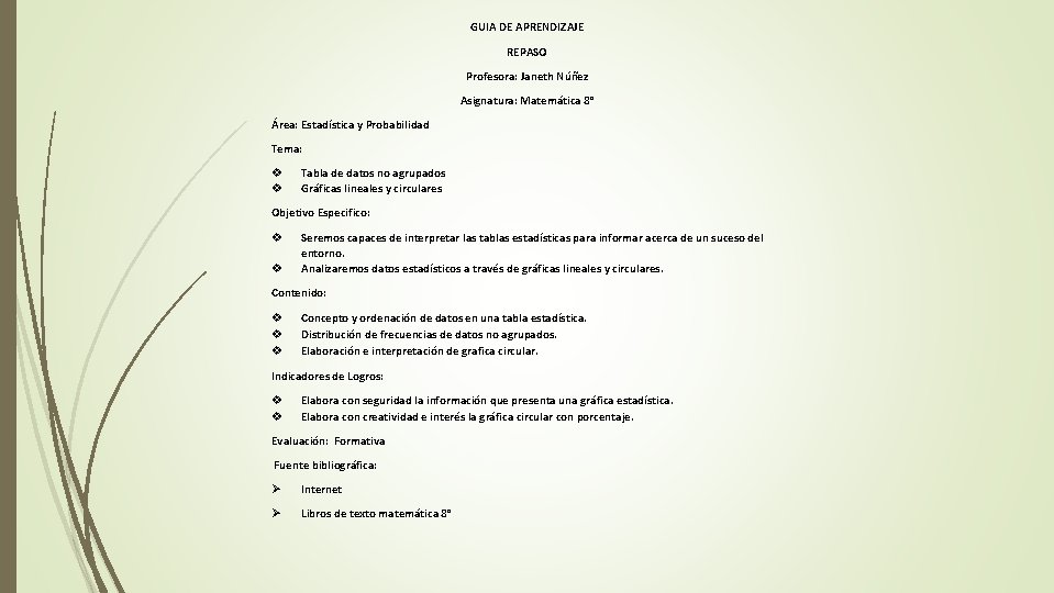 GUIA DE APRENDIZAJE REPASO Profesora: Janeth Núñez Asignatura: Matemática 8° Área: Estadística y Probabilidad