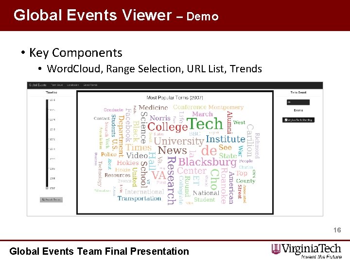 Global Events Viewer – Demo • Key Components • Word. Cloud, Range Selection, URL