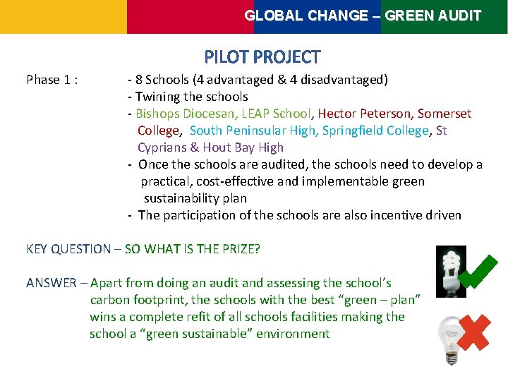 GLOBAL CHANGE – GREEN AUDIT PILOT PROJECT Phase 1 : - 8 Schools (4