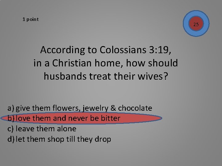 1 point According to Colossians 3: 19, in a Christian home, how should husbands