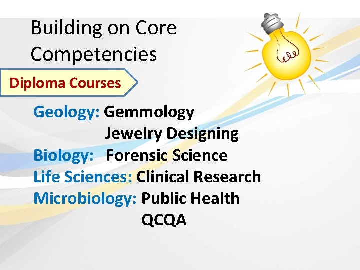 Building on Core Competencies Diploma Courses Geology: Gemmology Jewelry Designing Biology: Forensic Science Life