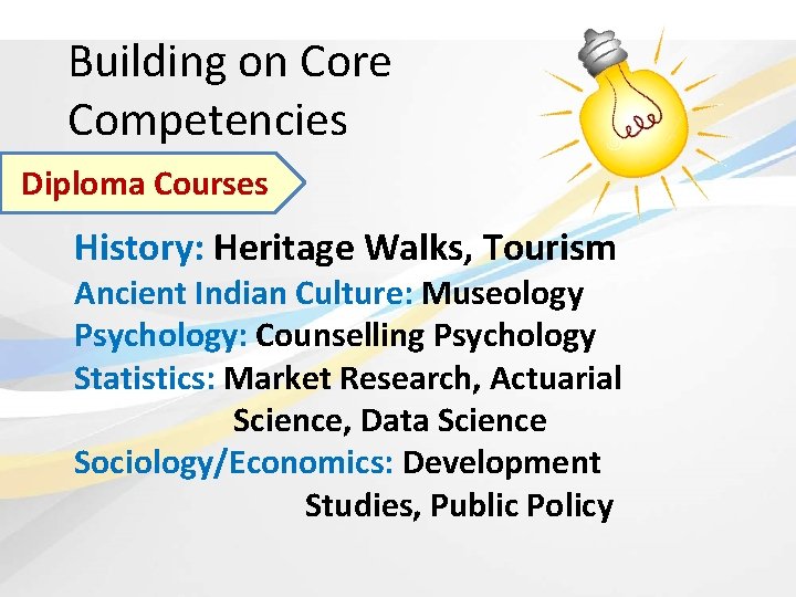 Building on Core Competencies Diploma Courses History: Heritage Walks, Tourism Ancient Indian Culture: Museology