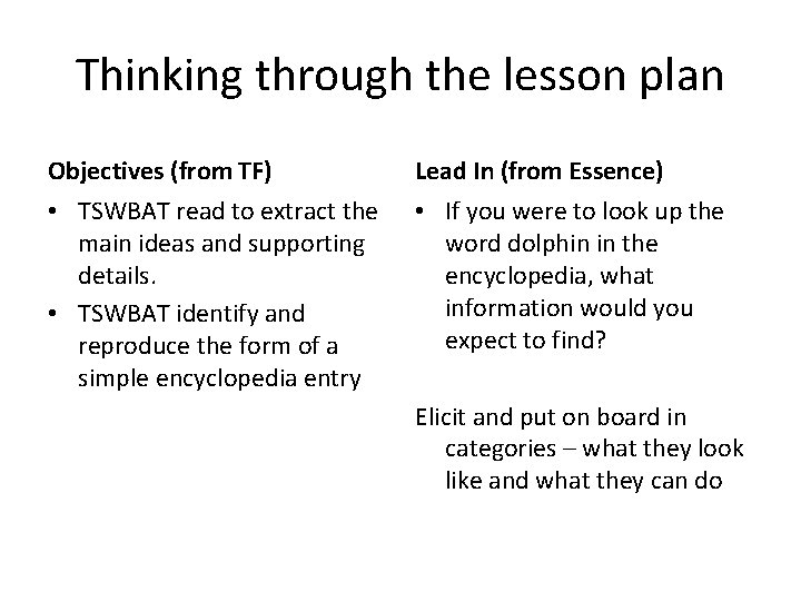 Thinking through the lesson plan Objectives (from TF) Lead In (from Essence) • TSWBAT