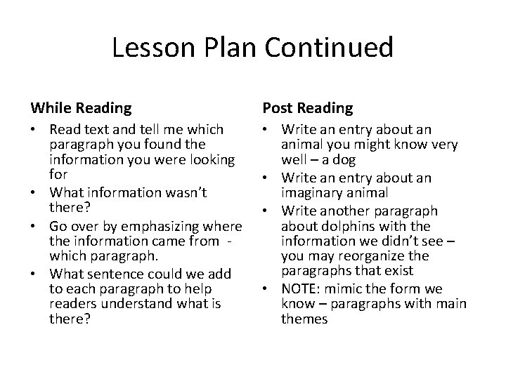 Lesson Plan Continued While Reading Post Reading • Read text and tell me which