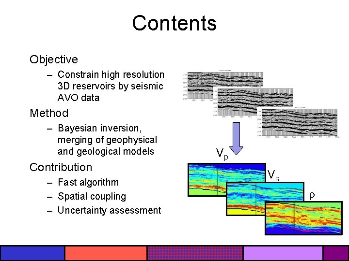 Contents Objective – Constrain high resolution 3 D reservoirs by seismic AVO data Method