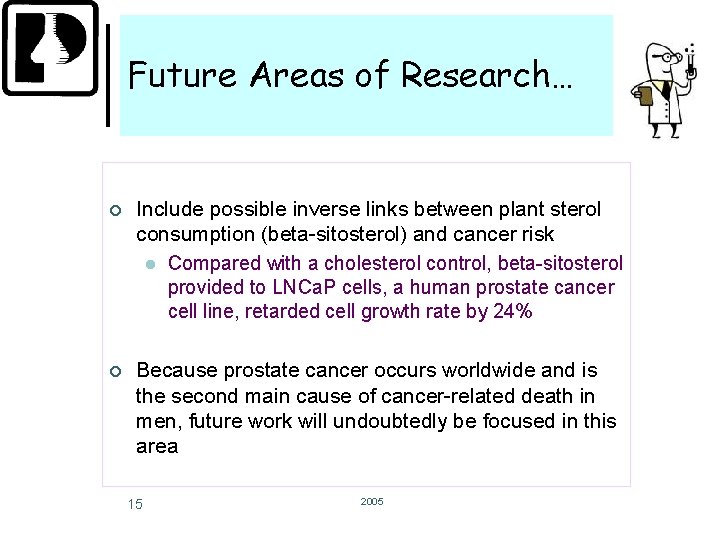 Future Areas of Research… ¢ Include possible inverse links between plant sterol consumption (beta-sitosterol)