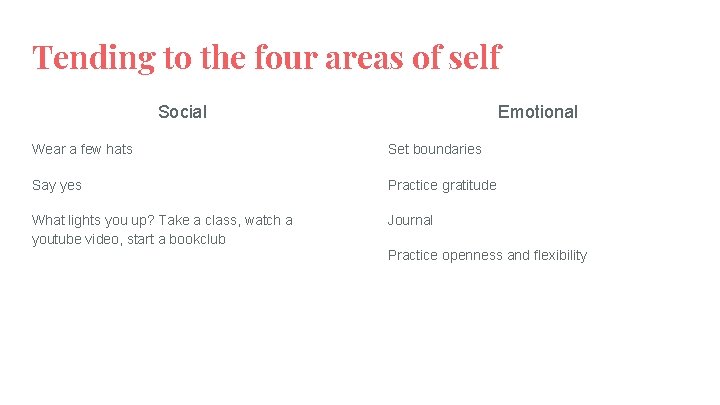 Tending to the four areas of self Social Emotional Wear a few hats Set
