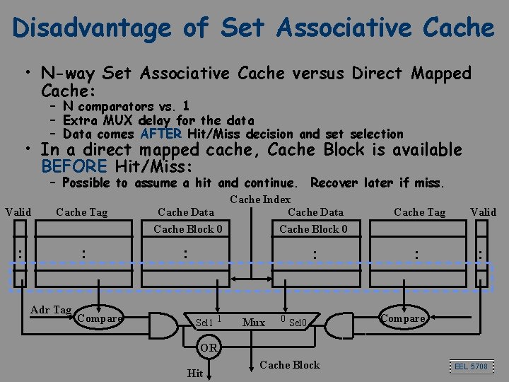 Disadvantage of Set Associative Cache • N-way Set Associative Cache versus Direct Mapped Cache: