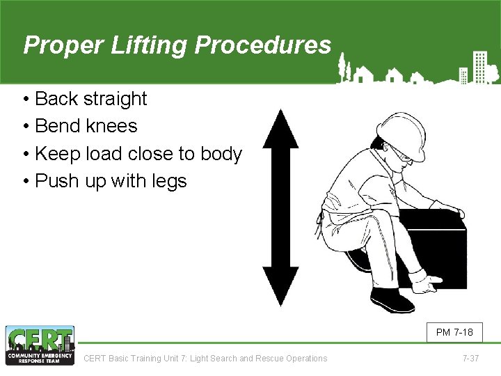 Proper Lifting Procedures • Back straight • Bend knees • Keep load close to